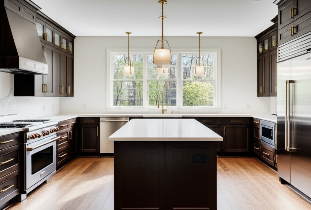 Luxurious modern kitchen remodel in Kingwood with white quartz countertops and gold hardware